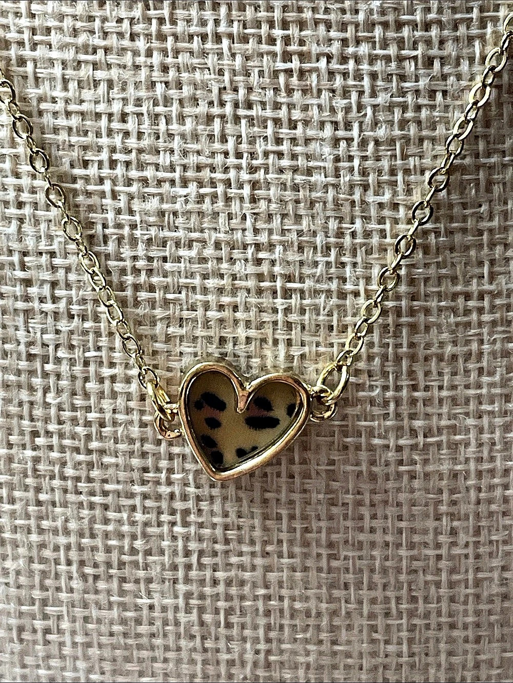 Heart Pendant Necklace in Gold & Brown leopard print 8” Drop 3” extender New